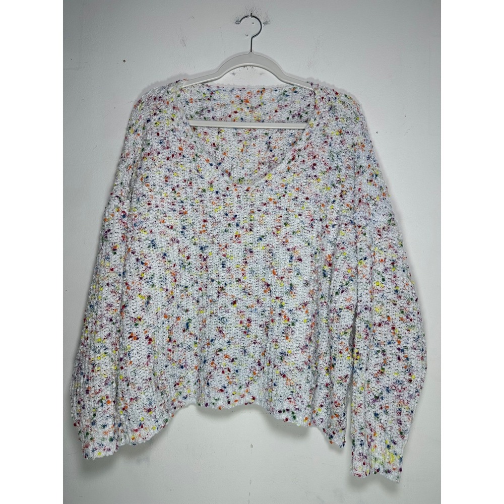 White Rainbow Confetti Speckle Chunky Knit V-Neck Sweater‎ Womens 3XL Oversized